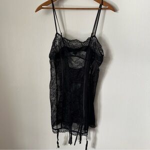Victoria Secret Black Lace Sexy Corset L Bodice Ribbed Garter Straps Sheer Slip